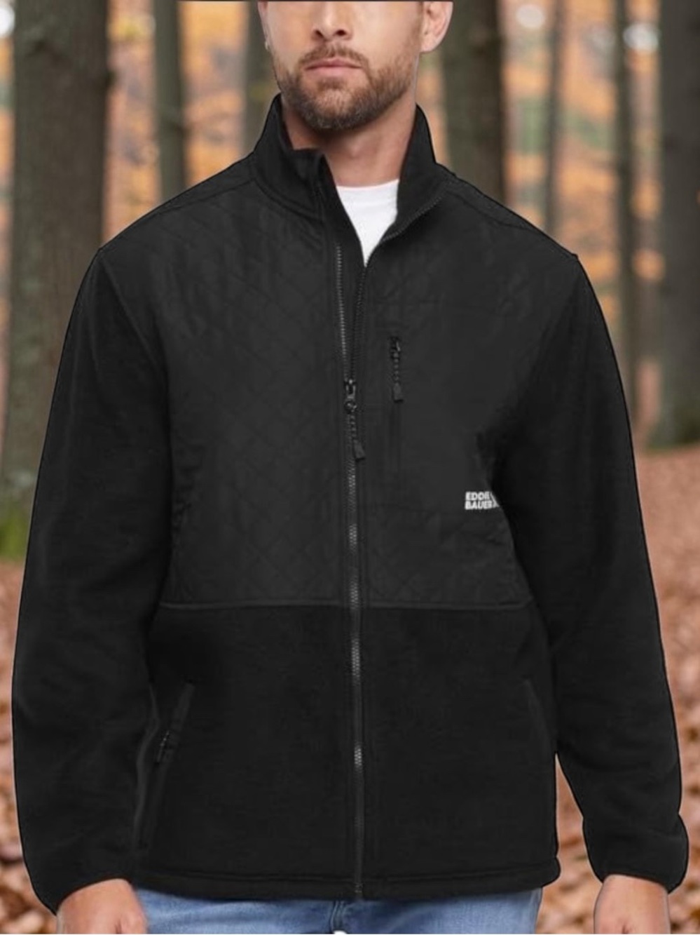 Eddie Bauer Mens Mixed Media Fleece Jacket Black Quilted Full Zip EB010876 L